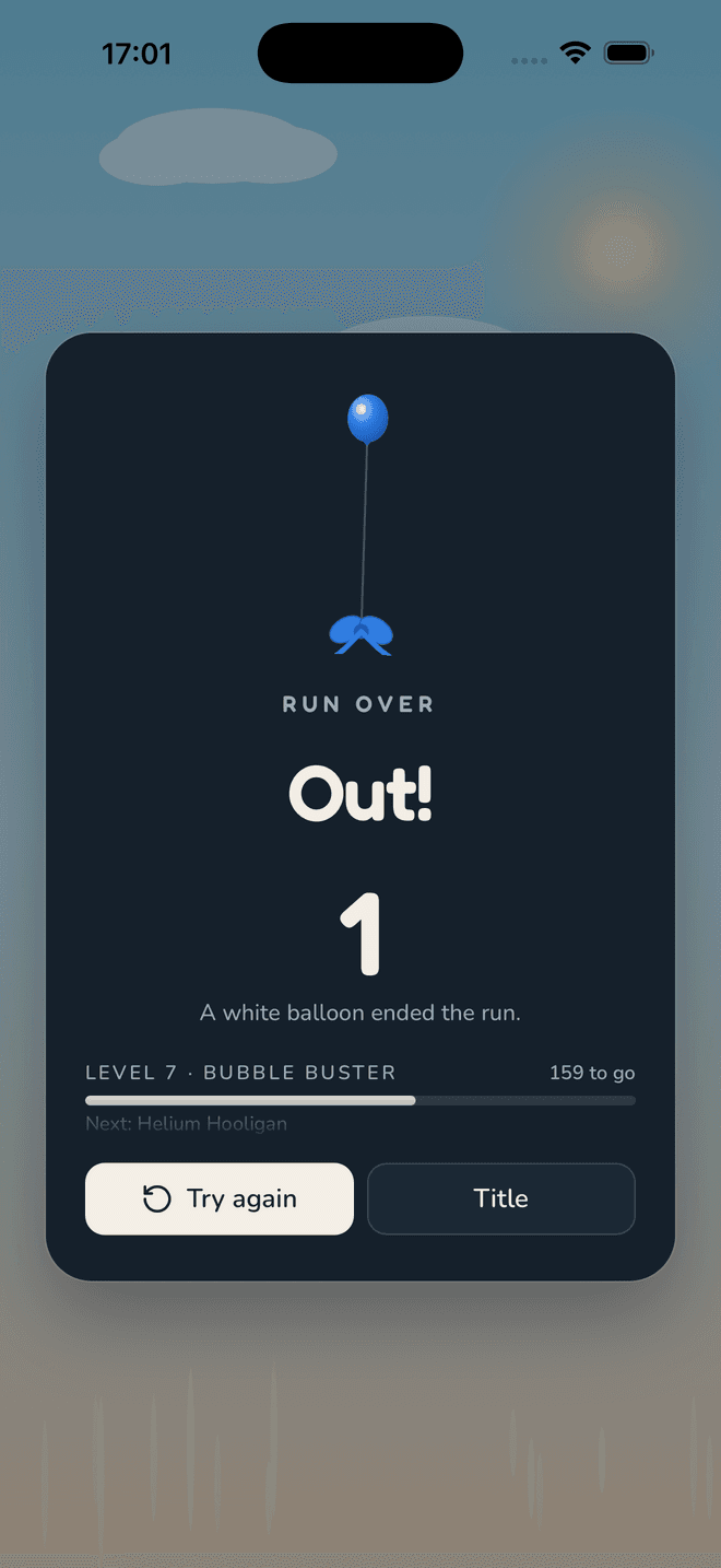 The Run over panel after a wrong pop: “Out!” over a score of 1, the line “A white balloon ended the run”, the rank progress bar, and Try again and Title buttons.